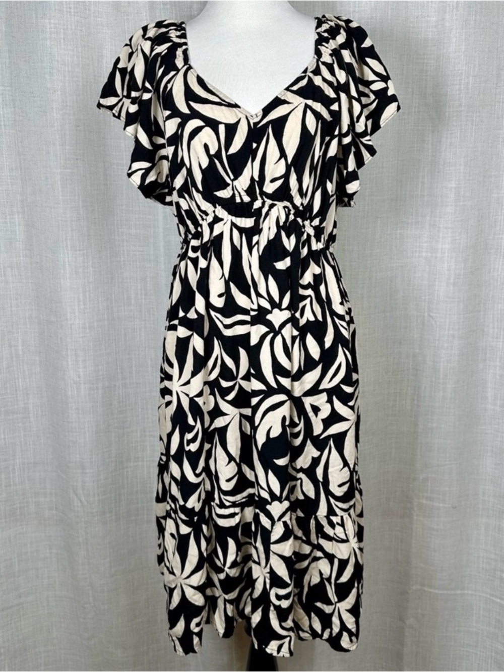 Babydoll Floral Midi Dress Womens 1X Tiered Smocked Pockets Cottagecore Vacation